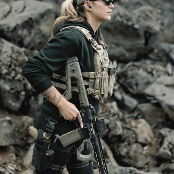 Woman shooter demonstrating Hera Arms CQR Gen 2.0 AR-15 Buttstock in Flat Dark Earth during live fire.