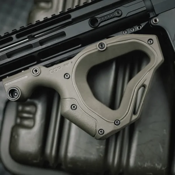 Close-up of Hera Arms CQR Gen 2.0 OD Green front grip mounted on an AR-15, showcasing ergonomic design and integrated QD sling swivel mount.​