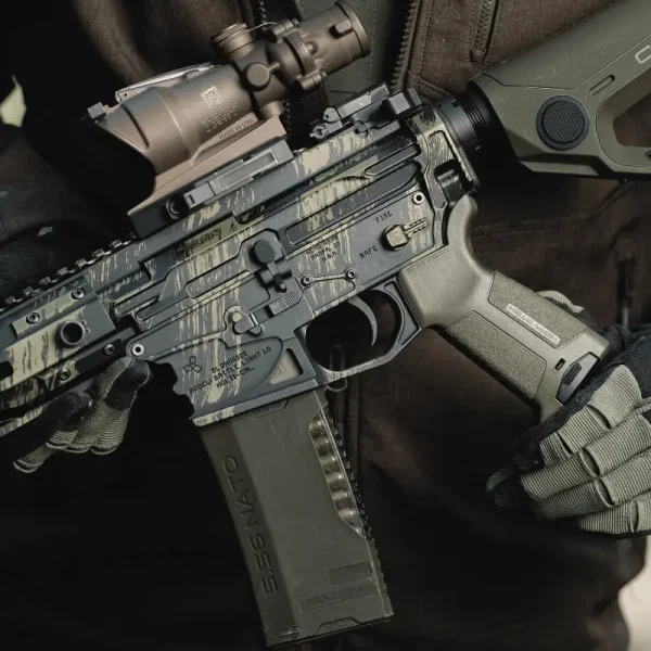 Close-up lifestyle image of Hera Arms H15G OD Green AR-15 pistol grip featuring ergonomic design and tactical textured surface and adaptive grip