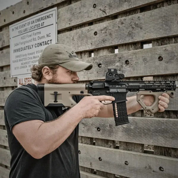 Tactical shooter using Hera Arms CQR Gen 1.0 Flat Dark Earth buttstock for stable cheek weld on AR-15 rifle.