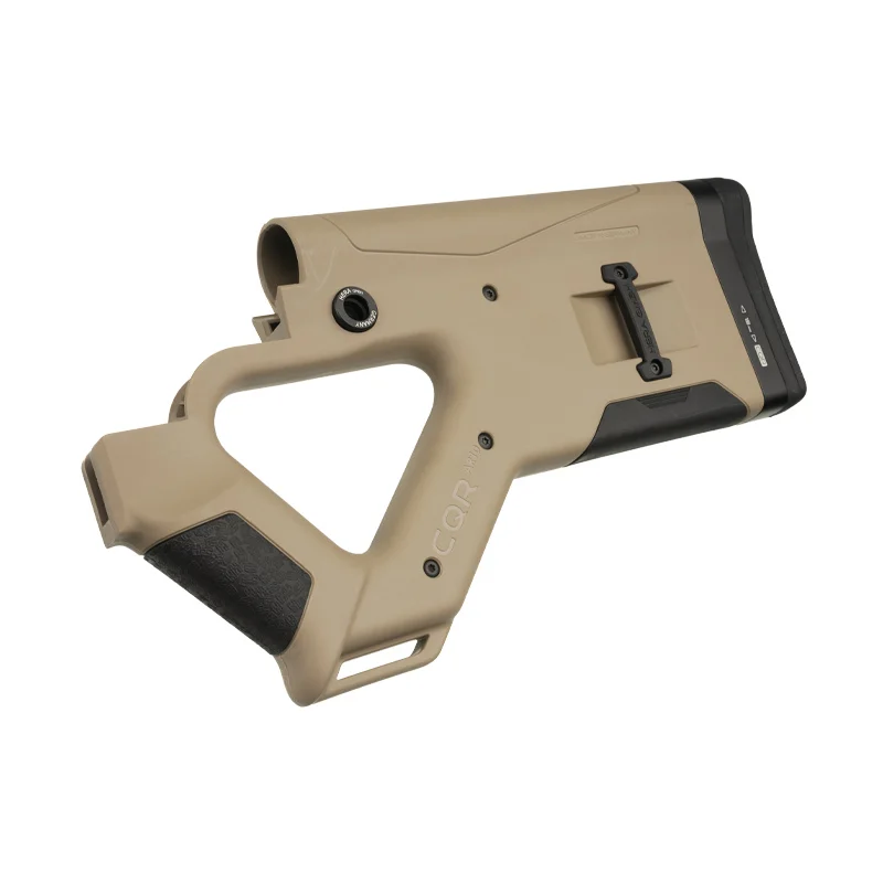 CQR GEN 1.0 AR-10 Buttstock TAN 6 CQR GEN1.0 buttstock for AR-10 in tan (FDE) tilted left