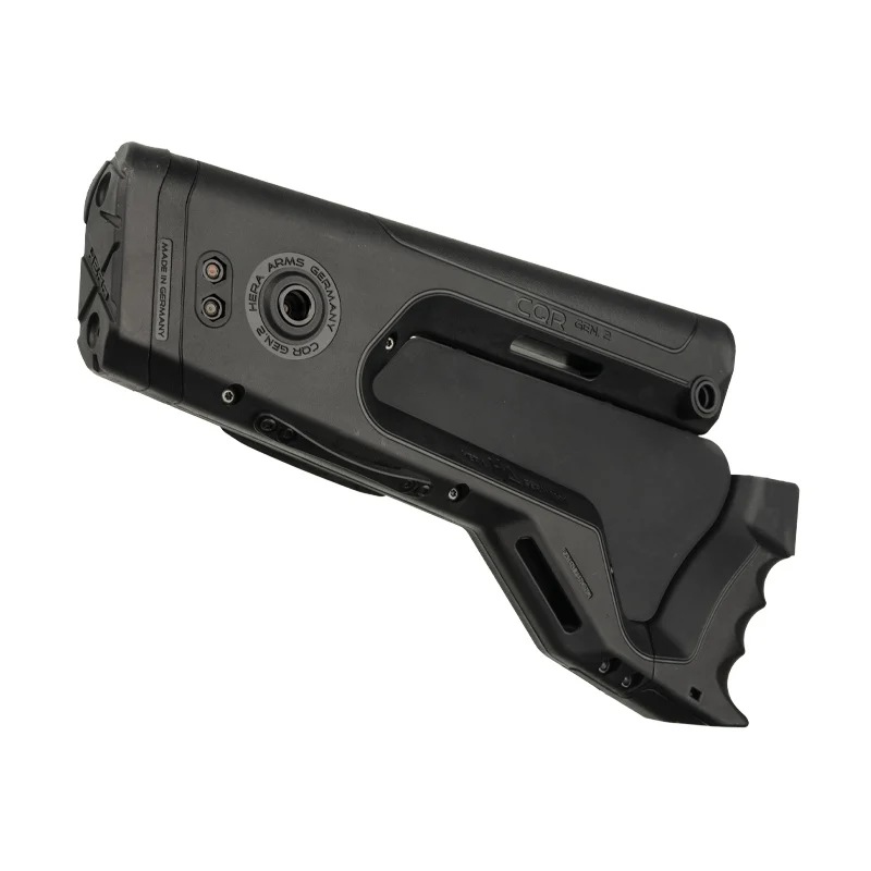 CQR GEN 2.0 (CA) Buttstock BLACK 7 The CQR GEN2.0 Buttstock in black, designed for AR-15/M4 platforms, features an ergonomic and tactical design. This state-compliant version includes a spacer for legality in restricted states like California and New York. Shown pointing right.