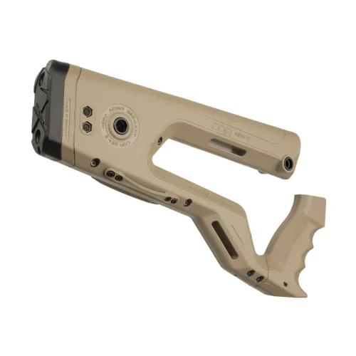 Angled view of the CQR GEN2.0 Buttstock in Tan (FDE)