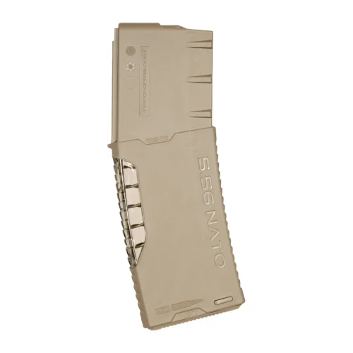 Flat lay view of an H3MAG-T 30-round AR magazine in tan with a transparent spine
